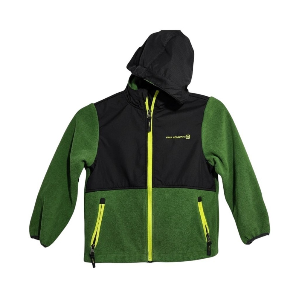 Free Country Boys Fleece Jacket Green Black Full‎ Zip Hooded Coat Size M (5/6)